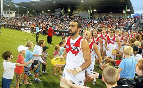 Adam Goodes leads the Swans out on to the ground at Coffs Harbour for the clash against St Kilda. Adam Goodes leads the Swans out on to the ground at Coffs Harbour for the clash against St Kilda.